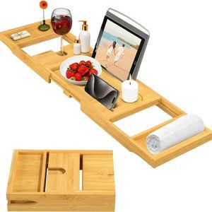 Bamboo Bathtub Tray Table - Collapsible & Adjustable Bathtub Caddy | Space-Savin